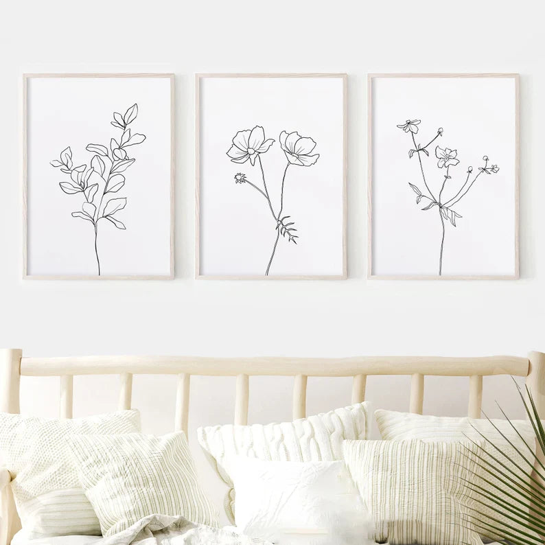 Set of three Flower line boho art